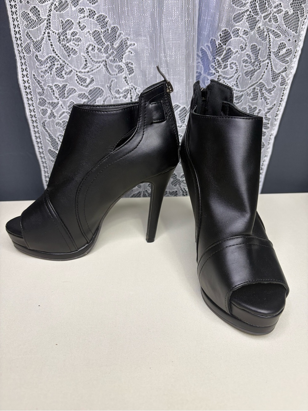 Black Peep-Toe High Heel Booties